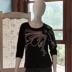 Anthropologie Field Flowers Sweater S Black Ivory Bloom Pullover